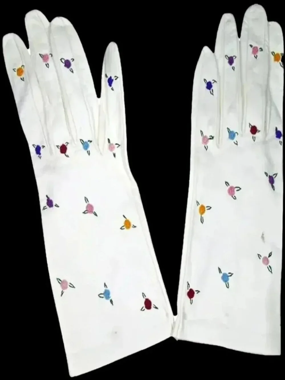 White Kid Leather Gloves, Multicolor Floral Embroidery - 50s 1950s Vintage